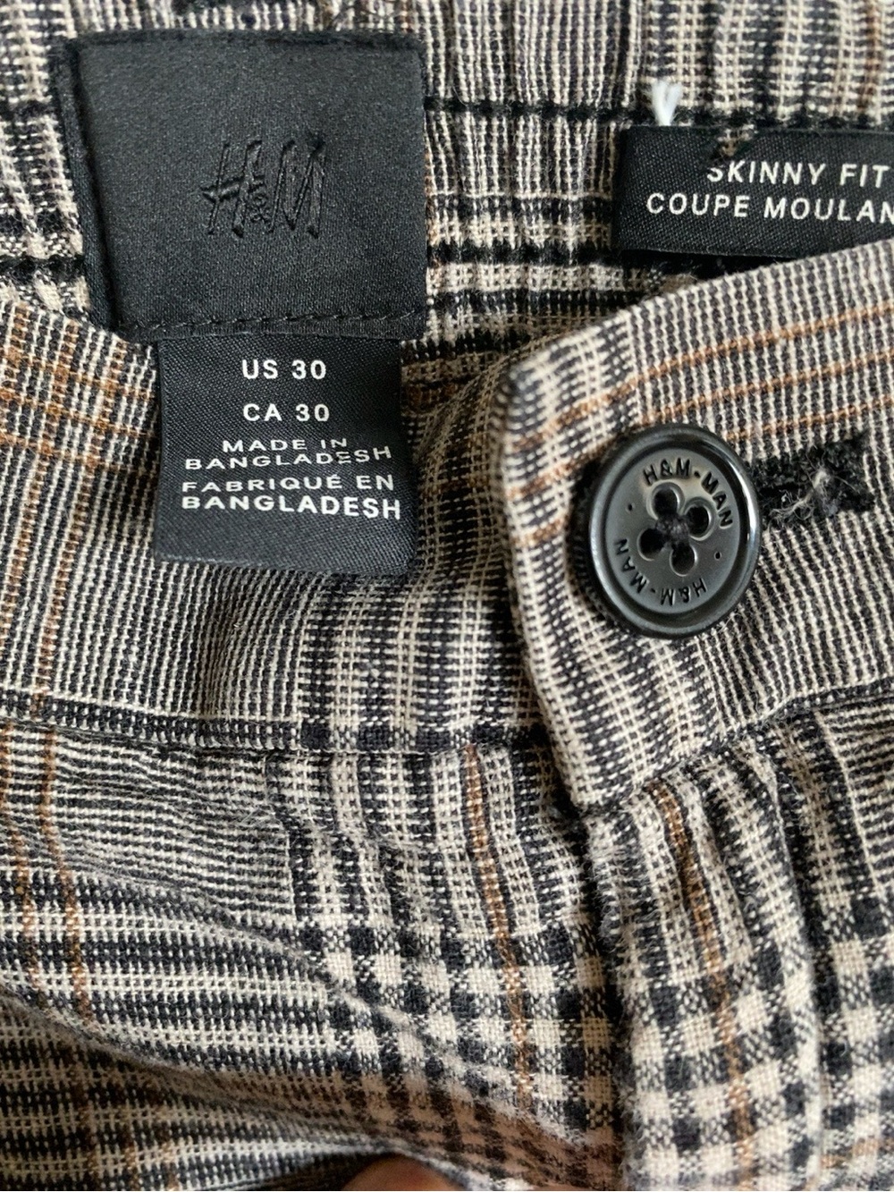 H&M Men’s Skinny Fit Plaid Trousers Size 30 Brown Black Check Pants - Picture 2 of 3